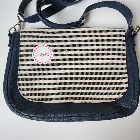 Studio Thirty-One Classic Body Handbag Blue Faux Leather Flap Canvas Striped - Picture 2 of 9